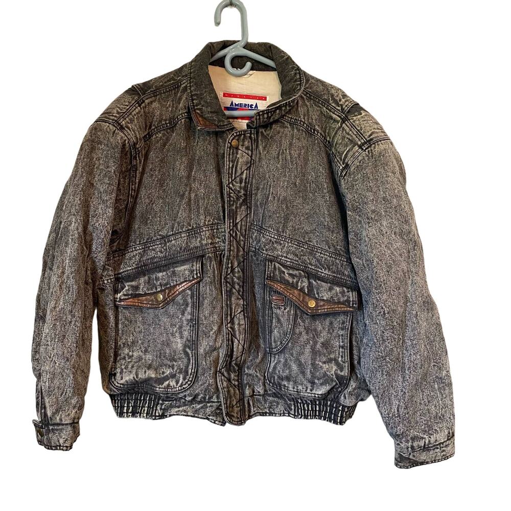 Vintage America Large Acid Wash Black Gray Cotton Leather Zip Winter Bomber